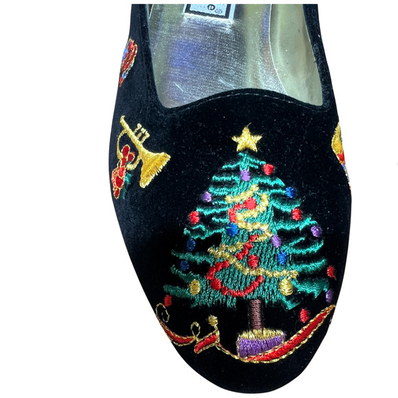 Vtg DONNA LAWRENCE Toya Women 7M Black Velvet Christmas Slip On Shoes XMAS Flats - Picture 9 of 16
